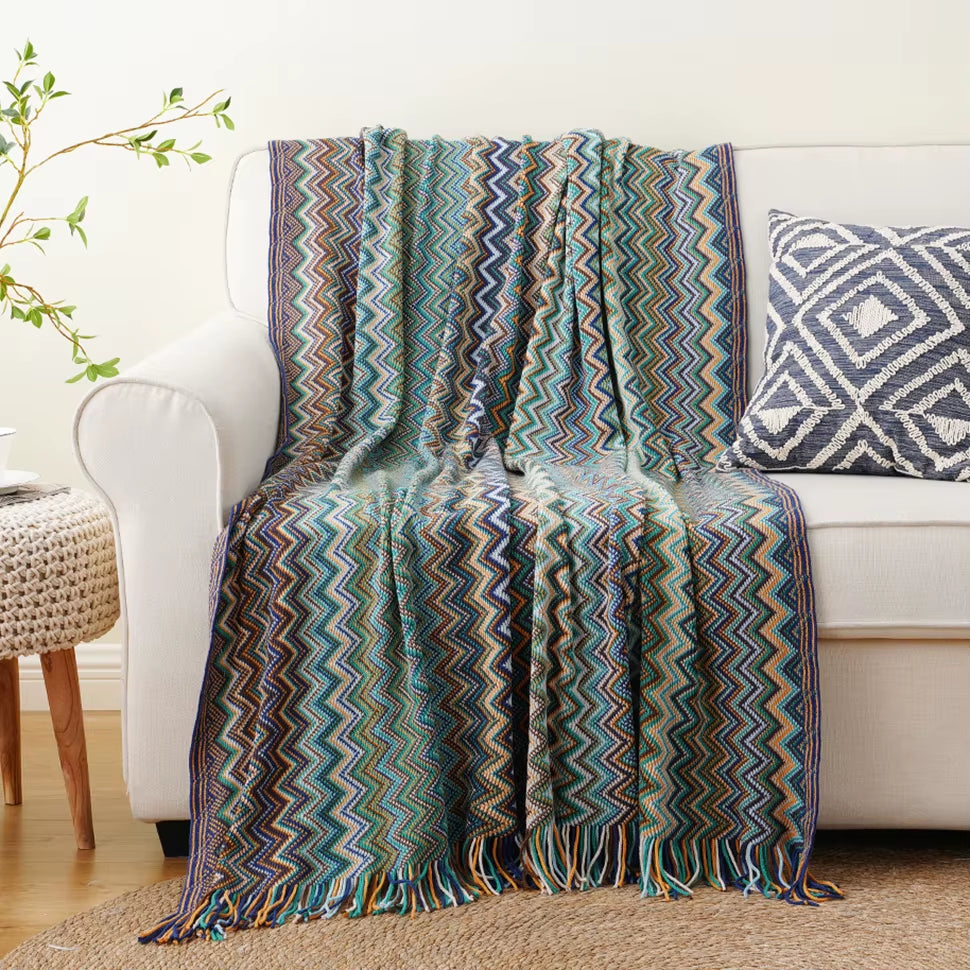Boho Throw Blanket Lightweight Knit Throw with Tassels Bohemian Woven Sofa Blankets Soft Bed Plaid Decorative Blanket