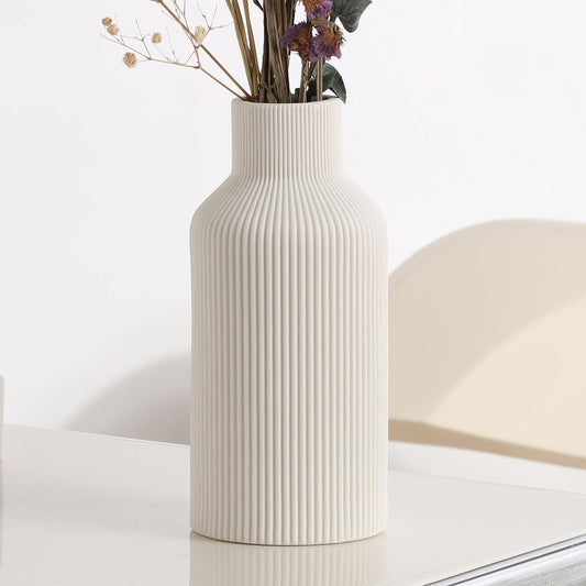 White Ceramic Flower Vase, Minimalist Modern Home Decor, Small Pampas Grass Vases for Table, Shelf Bookshelf, Mantel, Entryway and Centerpieces (8 In)