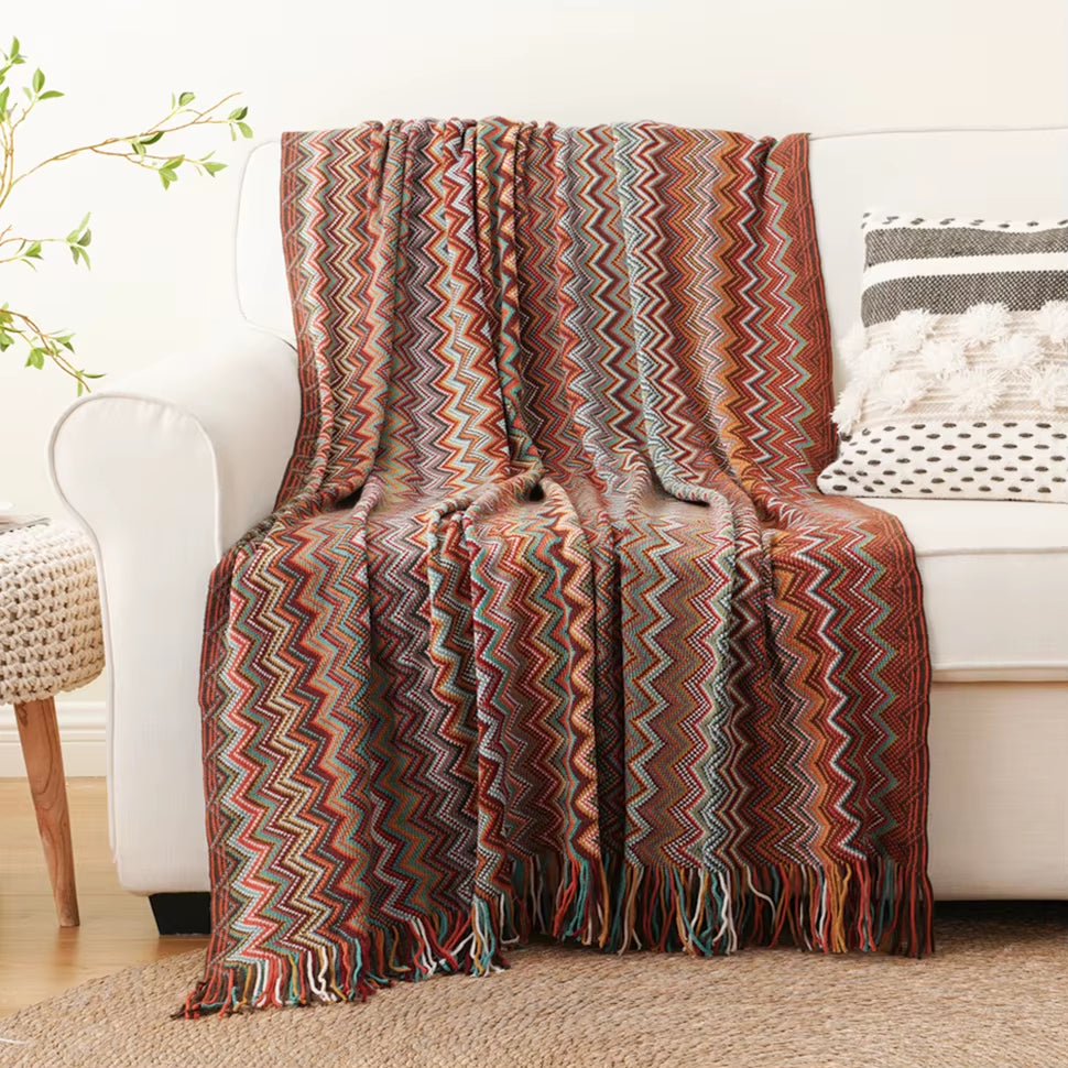 Boho Throw Blanket Lightweight Knit Throw with Tassels Bohemian Woven Sofa Blankets Soft Bed Plaid Decorative Blanket