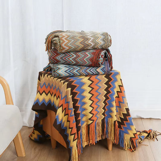 Boho Throw Blanket Lightweight Knit Throw with Tassels Bohemian Woven Sofa Blankets Soft Bed Plaid Decorative Blanket