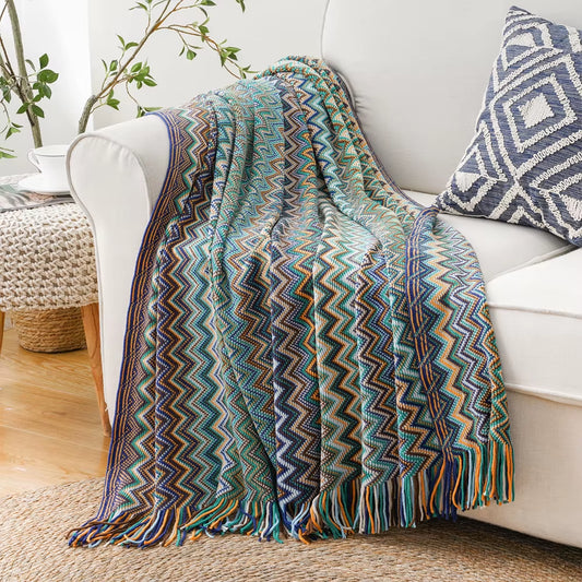 Boho Throw Blanket Lightweight Knit Throw with Tassels Bohemian Woven Sofa Blankets Soft Bed Plaid Decorative Blanket