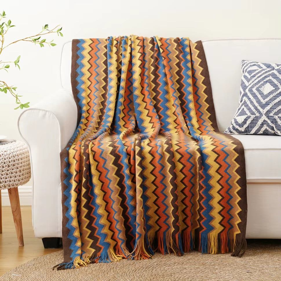 Boho Throw Blanket Lightweight Knit Throw with Tassels Bohemian Woven Sofa Blankets Soft Bed Plaid Decorative Blanket