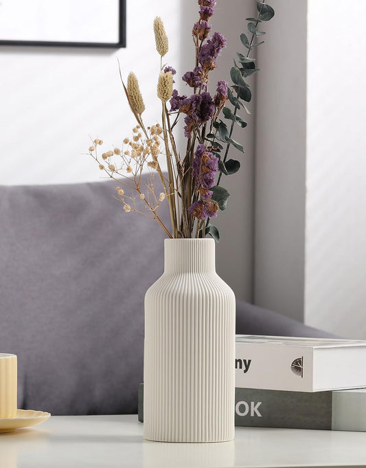 White Ceramic Flower Vase, Minimalist Modern Home Decor, Small Pampas Grass Vases for Table, Shelf Bookshelf, Mantel, Entryway and Centerpieces (8 In)