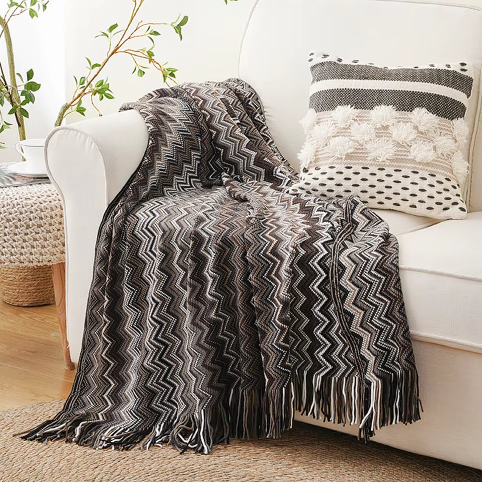 Boho Throw Blanket Lightweight Knit Throw with Tassels Bohemian Woven Sofa Blankets Soft Bed Plaid Decorative Blanket