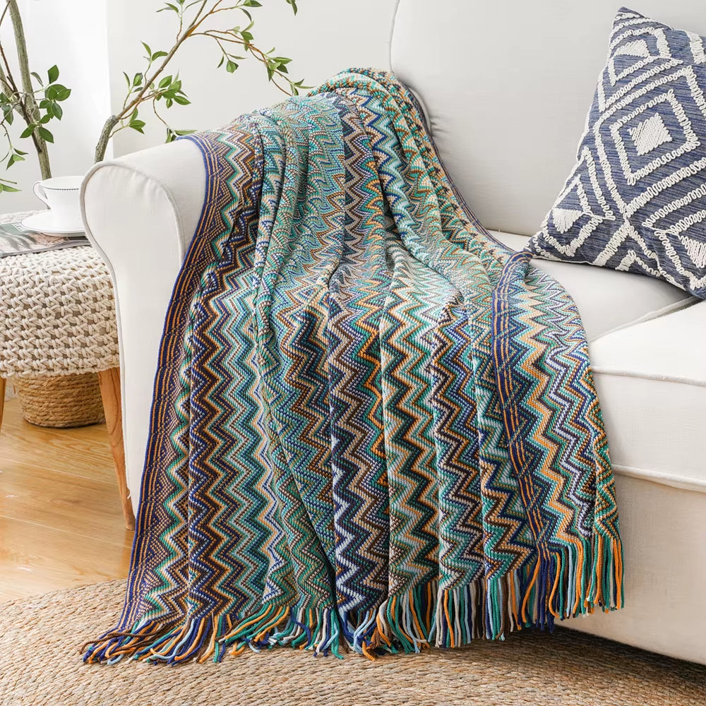 Boho Throw Blanket Lightweight Knit Throw with Tassels Bohemian Woven Sofa Blankets Soft Bed Plaid Decorative Blanket